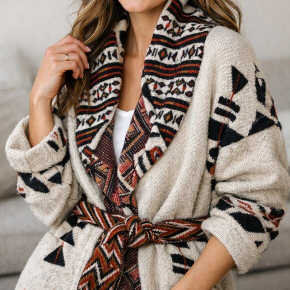 Zara Sweaters - Zara Knitwear Aztec Belted Cardigan Sweater S | Southwestern Boho Cozy